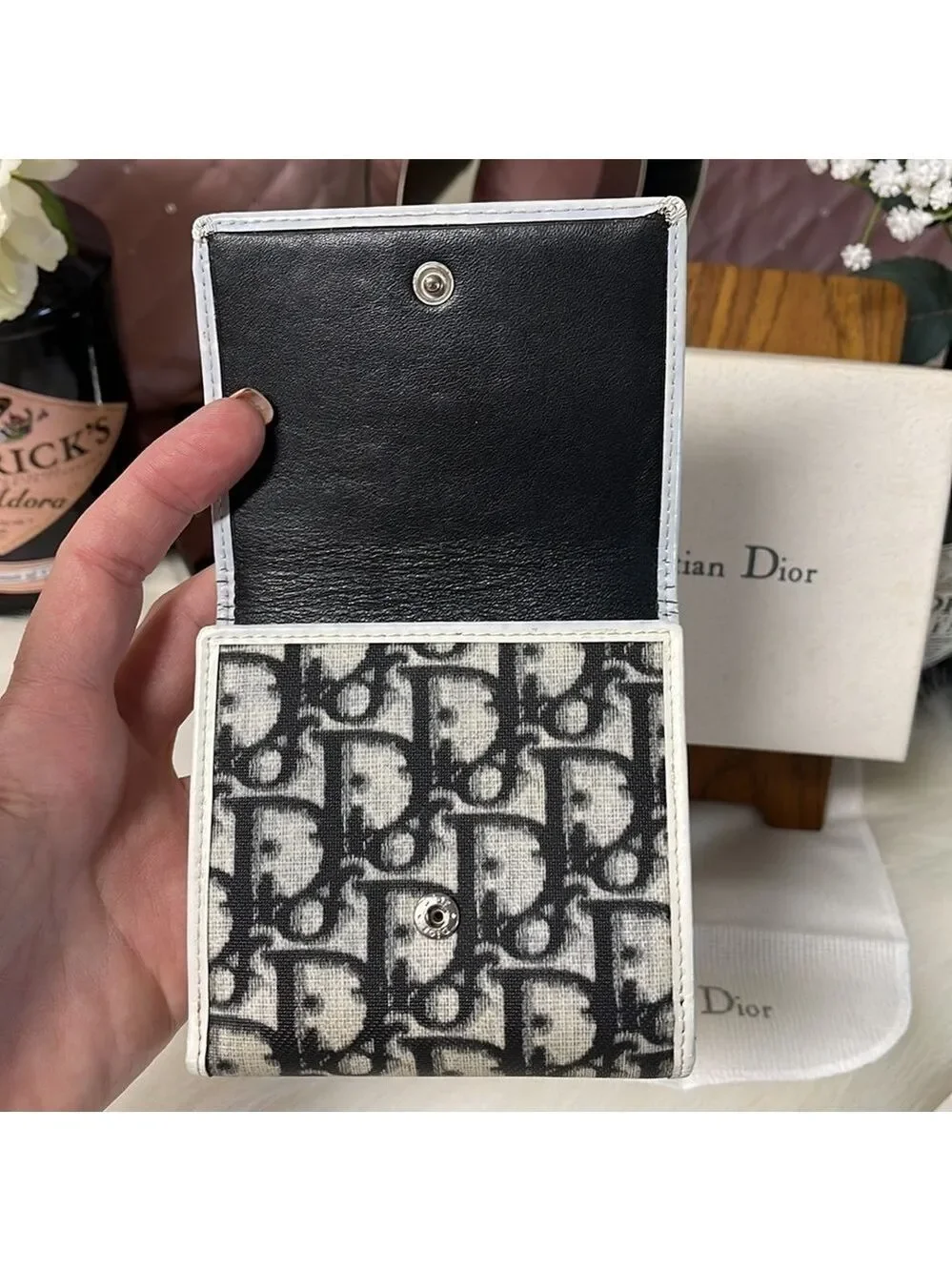 AUTHENTIC CHRISTIAN DIOR TROTTER #2 SNAP BIFOLD WALLET NAVY CREAM WITH BOX SPAIN